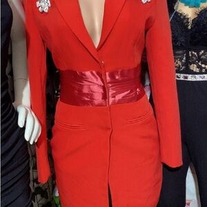 Chic Red Women's Blazer with Embellishments